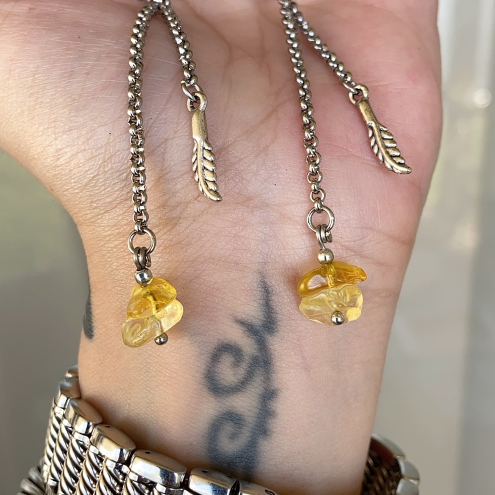 Dangly genuine citrine & feather earrings - Picture 1 of 7